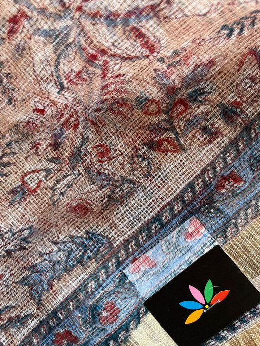Peach Beige Shade Handblock Printed Kota Doria Saree - 30466-30467