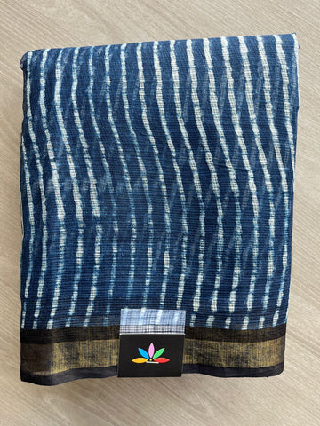 Dark Imperial Blue Handblock Printed Kota Doria Saree - 30468-30469