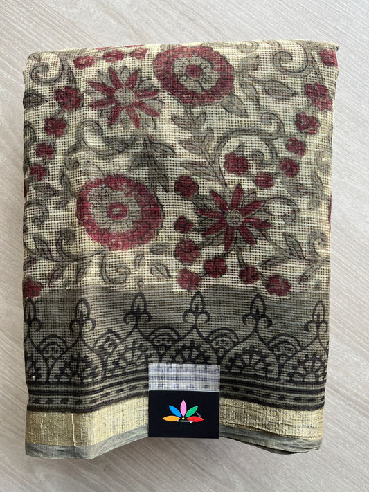 Beige Handblock Printed Kota Doria Saree - 30472-30473