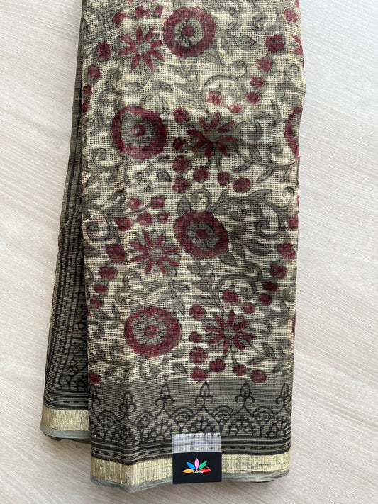 Beige Handblock Printed Kota Doria Saree - 30472-30473
