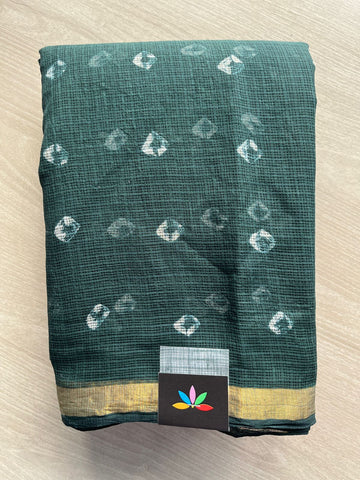 Dark Emerald Green Handblock Printed Kota Doria Saree - 31322