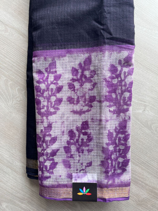 Wisteria Purple & Black Handblock Printed Kota Doria Saree - 32592