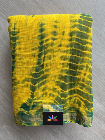 Bright Yellow & Dark Green Handblock Printed Kota Doria Saree - 32594