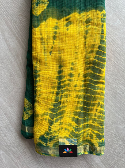 Bright Yellow & Dark Green Handblock Printed Kota Doria Saree - 32594