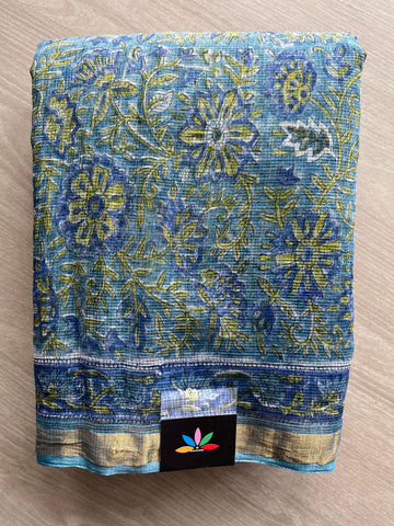 Moonstone Blue Handblock Printed Kota Doria Saree - 32596