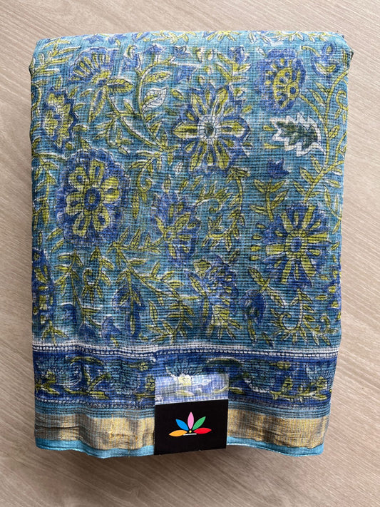 Moonstone Blue Handblock Printed Kota Doria Saree - 32596