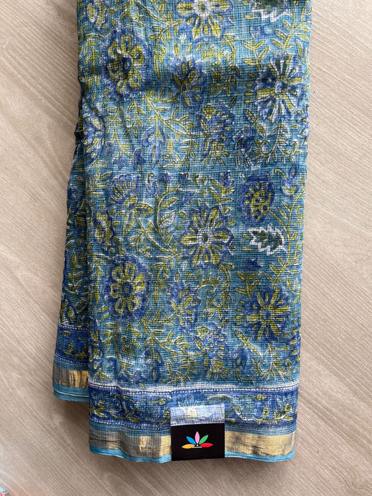 Moonstone Blue Handblock Printed Kota Doria Saree - 32596