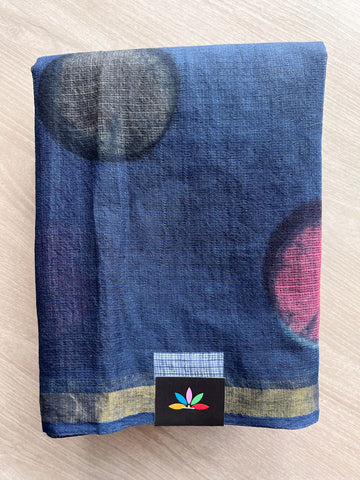 Deep Royal Blue Handblock Printed Kota Doria Saree - 32597