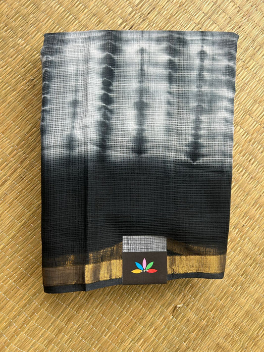 Off-White & Black Handblock Printed Kota Doria Saree - 32598