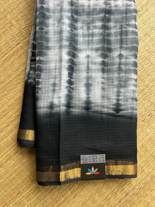 Off-White & Black Handblock Printed Kota Doria Saree - 32598