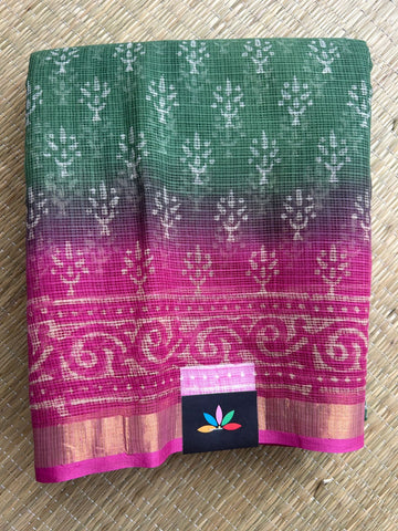 Dark Fuchsia & Emerald Green Handblock Printed Kota Doria Saree - 32599