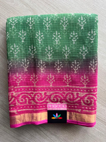 Emerald Green & Dark Fuchsia Handblock Printed Kota Doria Saree - 32599