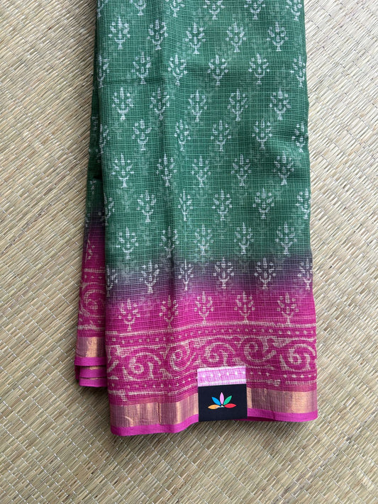 Emerald Green & Dark Fuchsia Handblock Printed Kota Doria Saree - 32599
