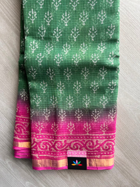 Emerald Green & Dark Fuchsia Handblock Printed Kota Doria Saree - 32599