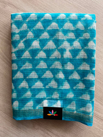 Bright Sky Blue & Black Handblock Printed Kota Doria Saree - 32600
