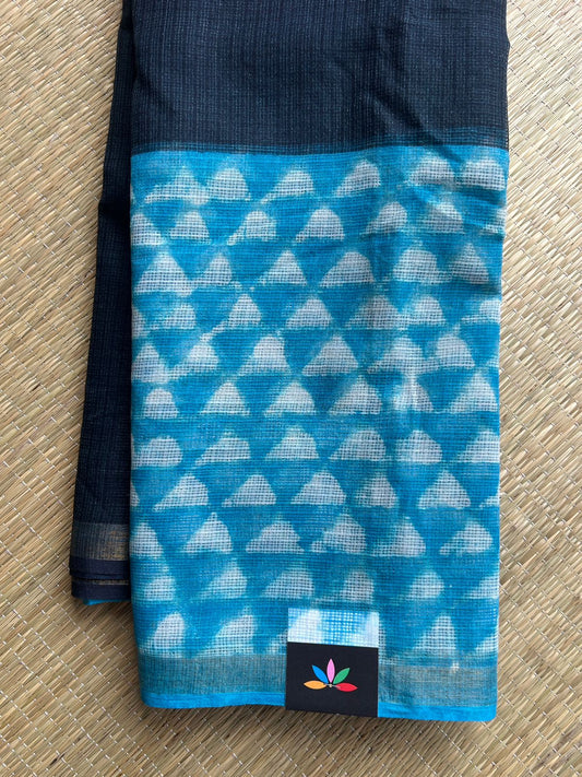 Bright Sky Blue & Black Handblock Printed Kota Doria Saree - 32600
