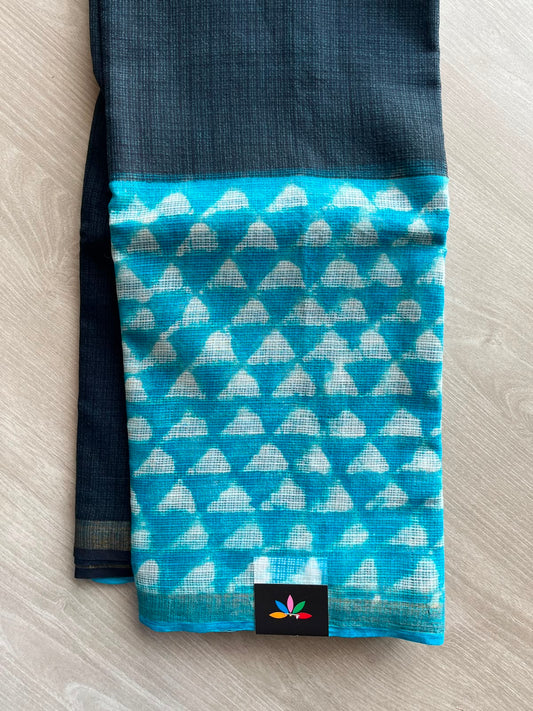 Bright Sky Blue & Black Handblock Printed Kota Doria Saree - 32600