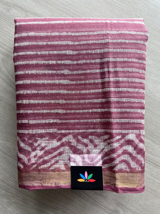 Muted Pink & Black Handblock Printed Kota Doria Saree - 32601