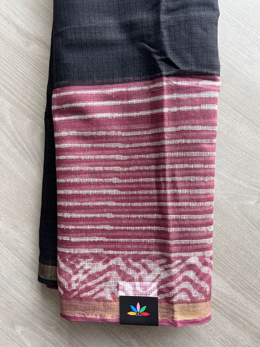 Muted Pink & Black Handblock Printed Kota Doria Saree - 32601