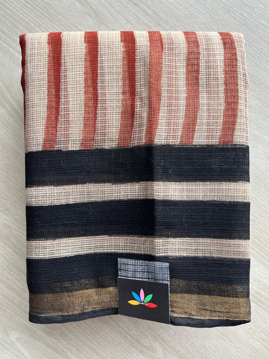 Light Beige & Black with Stripe Pattern Handblock Printed Kota Doria Saree - 32602