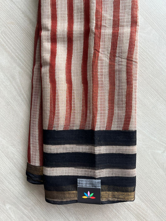Light Beige & Black with Stripe Pattern Handblock Printed Kota Doria Saree - 32602