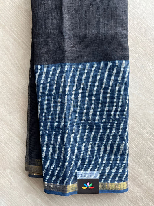 Black & Yale Blue Handblock Printed Kota Doria Saree - 32604