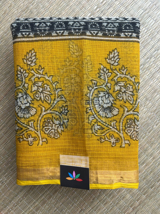 Off-White & Mustard Yellow with Stripe Pattern Handblock Printed Kota Doria Saree - 32605