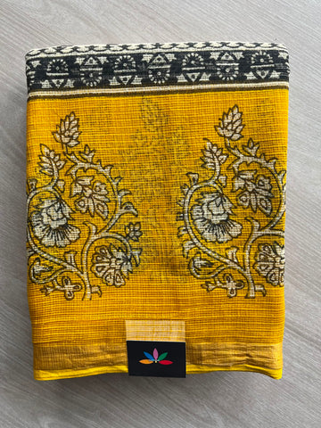 Off-White & Mustard Yellow with Stripe Pattern Handblock Printed Kota Doria Saree - 32605