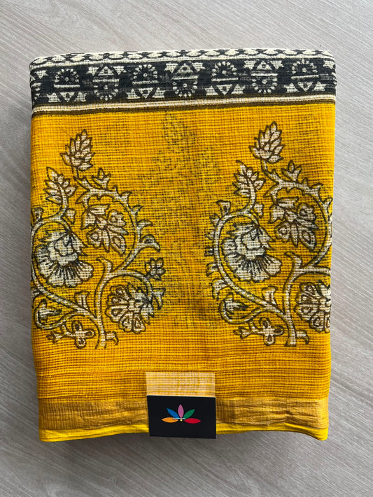 Off-White & Mustard Yellow with Stripe Pattern Handblock Printed Kota Doria Saree - 32605