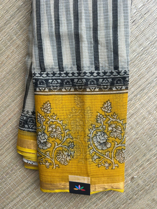 Off-White & Mustard Yellow with Stripe Pattern Handblock Printed Kota Doria Saree - 32605