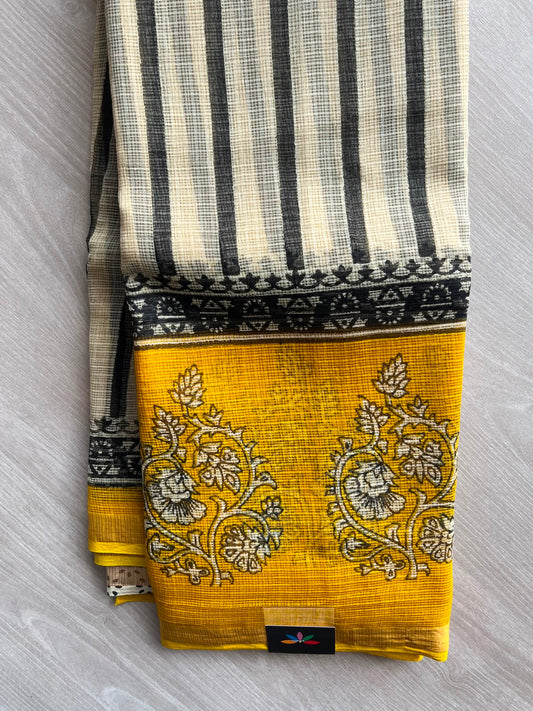 Off-White & Mustard Yellow with Stripe Pattern Handblock Printed Kota Doria Saree - 32605