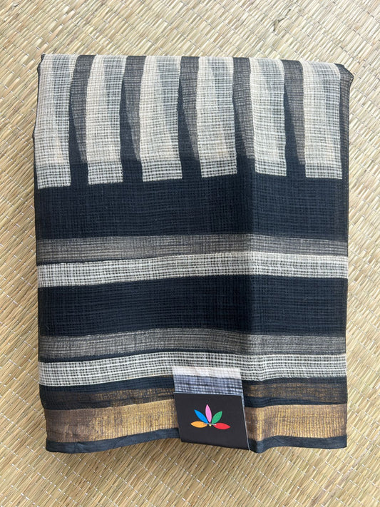 Black & Off-White with Stripe Pattern Handblock Printed Kota Doria Saree - 32606