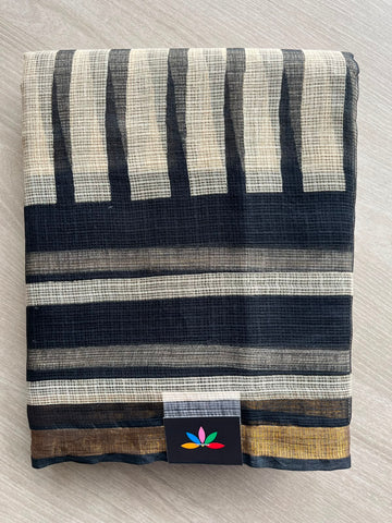 Black & Off-White with Stripe Pattern Handblock Printed Kota Doria Saree - 32606