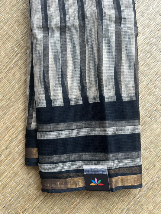 Black & Off-White with Stripe Pattern Handblock Printed Kota Doria Saree - 32606
