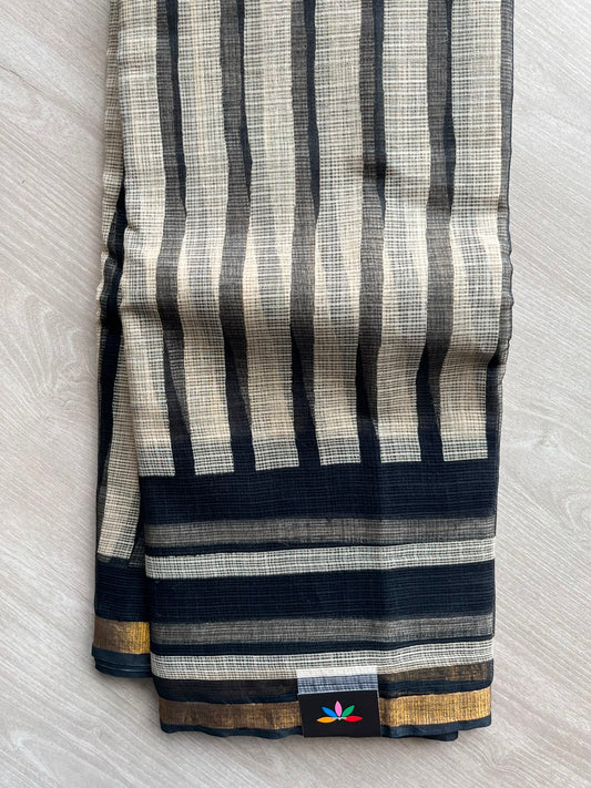 Black & Off-White with Stripe Pattern Handblock Printed Kota Doria Saree - 32606