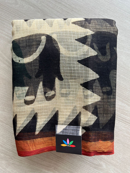 Light Beige & Black Handblock Printed Kota Doria Saree - 32609
