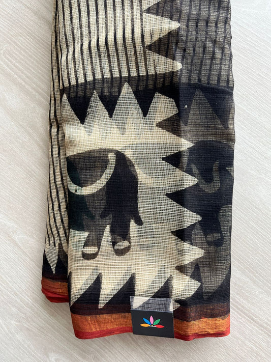 Light Beige & Black Handblock Printed Kota Doria Saree - 32609