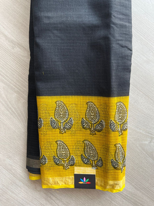 Black & Mustard Yellow Handblock Printed Kota Doria Saree - 32611