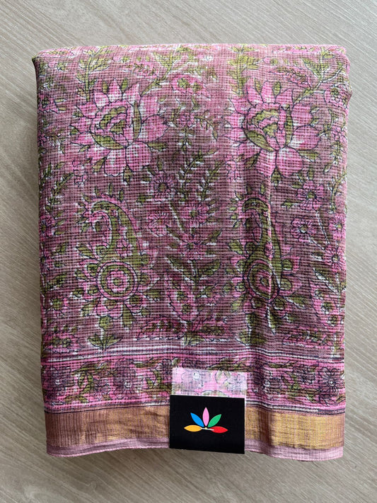 Muted Pink Handblock Printed Kota Doria Saree - 32612