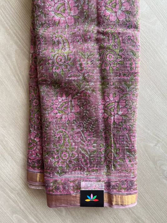 Muted Pink Handblock Printed Kota Doria Saree - 32612