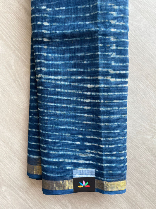 Yale Blue Handblock Printed Kota Doria Saree - 32613