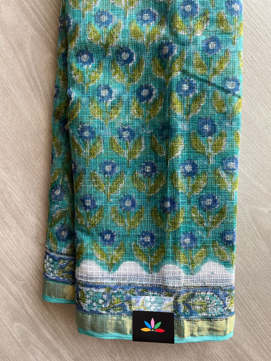 Dark Cyan Handblock Printed Kota Doria Saree - 32615