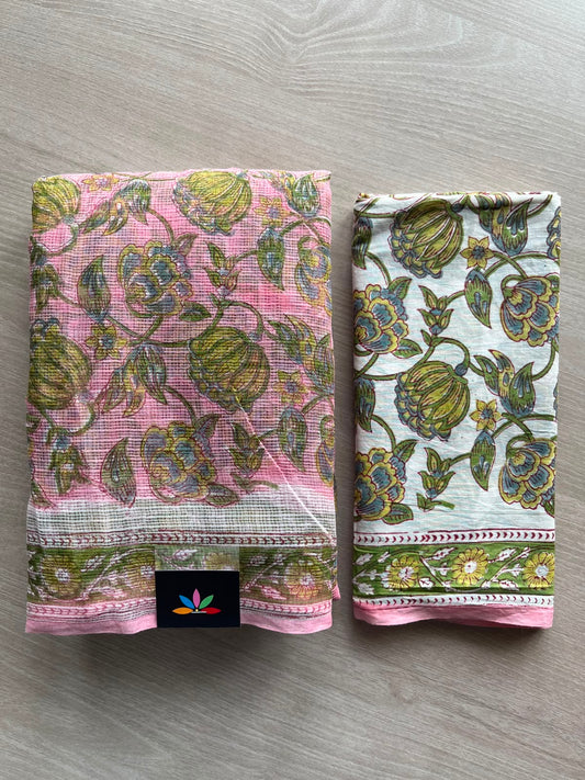 French Pink Handblock Printed Kota Doria Saree - 33684-33685
