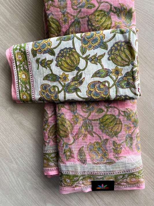 French Pink Handblock Printed Kota Doria Saree - 33684-33685