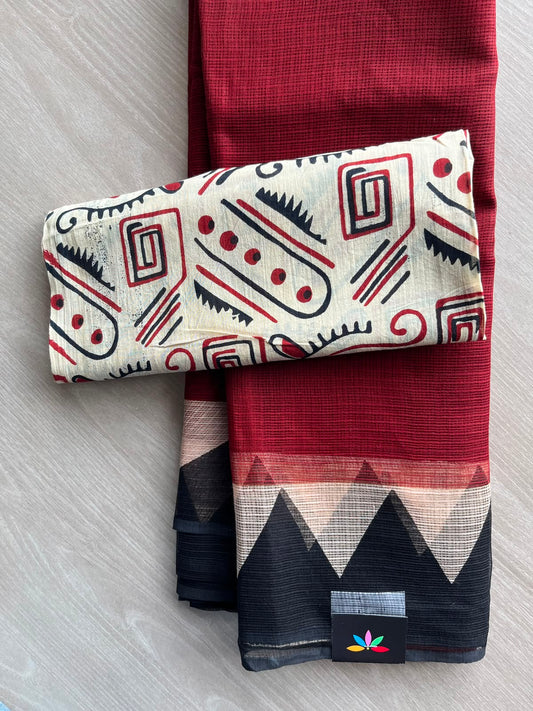 Crimson Red Handblock Printed Kota Doria Saree - 33688-33689
