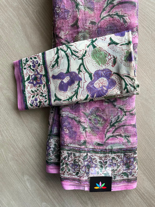 Light Orchid Pink Handblock Printed Kota Doria Saree - 33690-33691