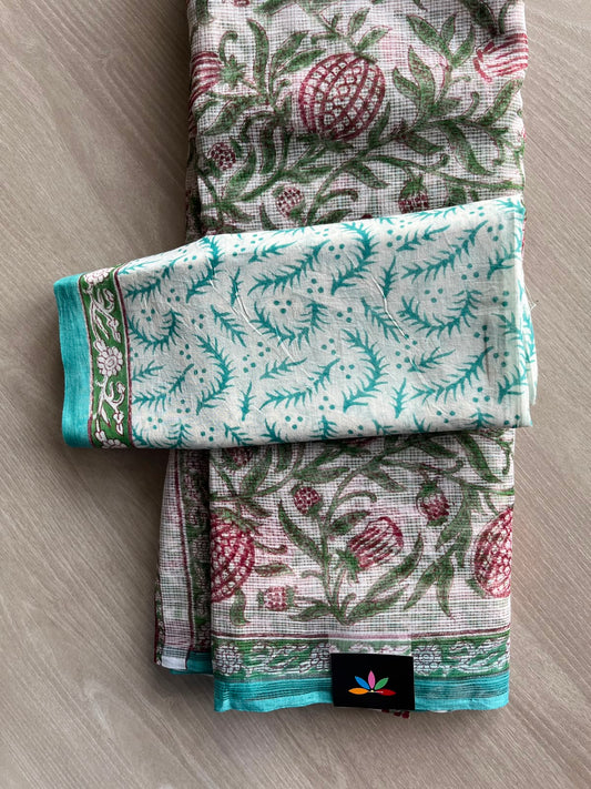 Off White Handblock Printed Kota Doria Saree - 33692-33693