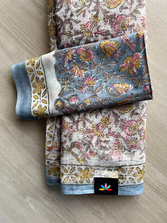 White Handblock Printed Kota Doria Saree - 33694-33695