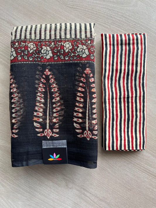 Black & White Stripes Handblock Printed Kota Doria Saree - 33696-33697