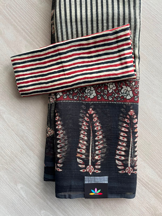 Black & White Stripes Handblock Printed Kota Doria Saree - 33696-33697